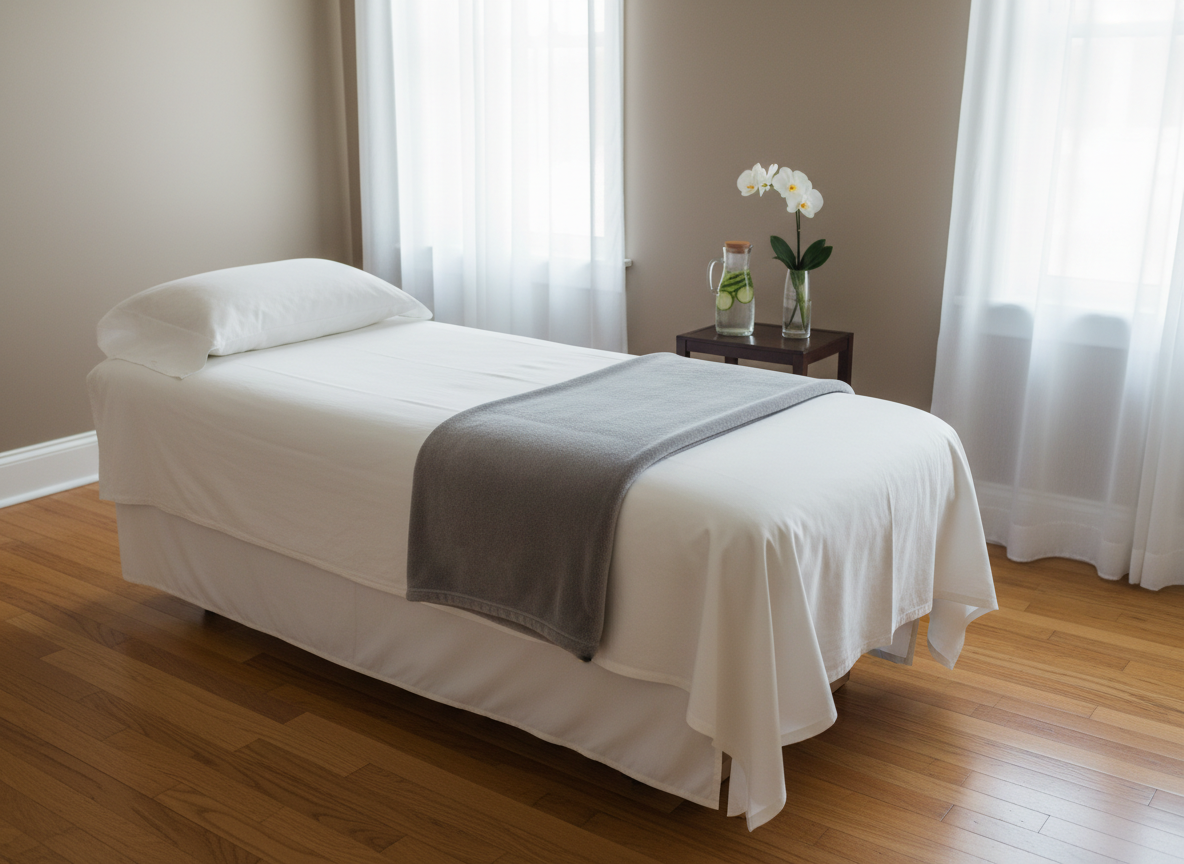 A plush, dove-gray blanket elegantly folded on a wide, low treatment table covered in crisp white linen, with a small dark-wood side table holding a carafe of infused water and a single white orchid in a slim glass vase. The room is spacious and uncluttered, with warm hardwood floors and muted taupe walls. Soft, diffused morning light enters through sheer curtains, bathing the space in a gentle glow. Photographic realism, composed using the rule of thirds from a slightly elevated angle, capturing a sophisticated, spa-like atmosphere that suggests nurturing, nervous system calm, and non-invasive, gentle care.
