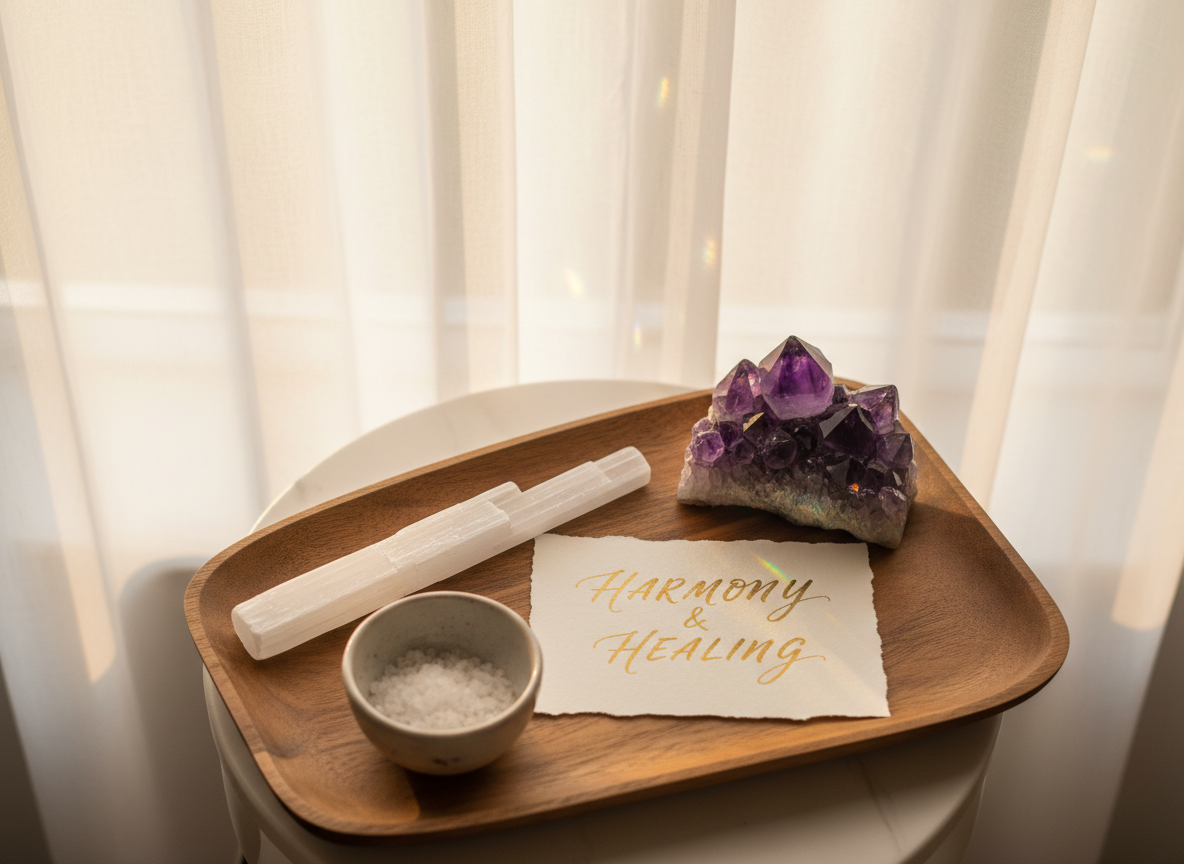 A close-up of a carefully arranged Reiki altar featuring a smooth wooden tray holding a selenite wand, polished amethyst cluster, a small bowl of sea salt, and a handwritten intention card in elegant calligraphy. Behind the tray, a large, translucent white curtain billows slightly, hinting at a hidden window. Soft golden hour light streams through the fabric, illuminating the crystals from behind and creating halos of refracted color. Photographic realism with a refined, minimalist aesthetic, captured from a slightly angled top-down perspective, shallow depth of field isolating the altar, evoking a feeling of sacred stillness, clarity, and sophisticated spiritual practice.
