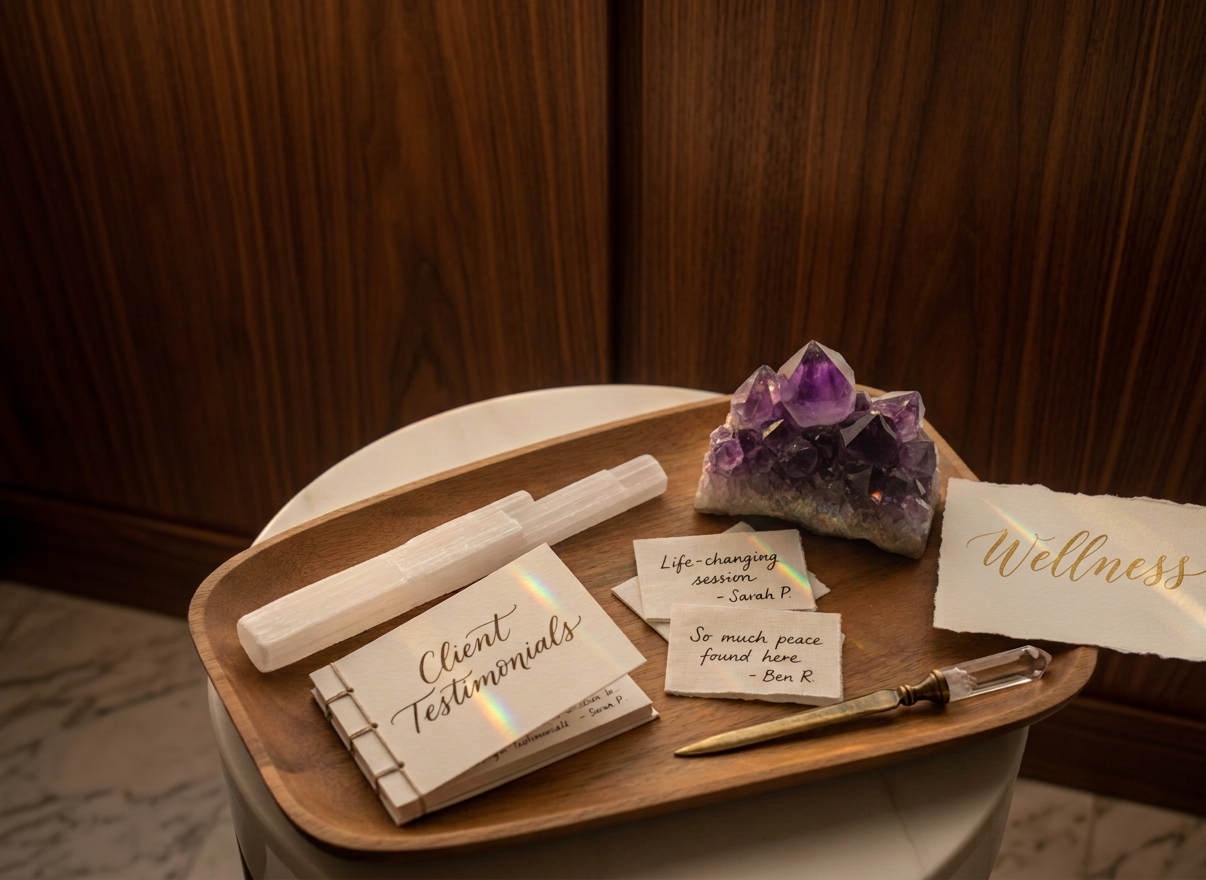 Reiki A close-up of a carefully arranged Reiki altar featuring a smooth wooden tray holding a selenite wand, polished amethyst cluster, a small bowl of sea salt, and a handwritten intention card in elegant calligraphy. Behind the tray, a large, translucent white curtain billows slightly, hinting at a hidden window. Soft golden hour light streams through the fabric, illuminating the crystals from behind and creating halos of refracted color. Photographic realism with a refined, minimalist aesthetic, captured from a slightly angled top-down perspective, shallow depth of field isolating the altar, evoking a feeling of sacred stillness, clarity, and sophisticated spiritual practice.