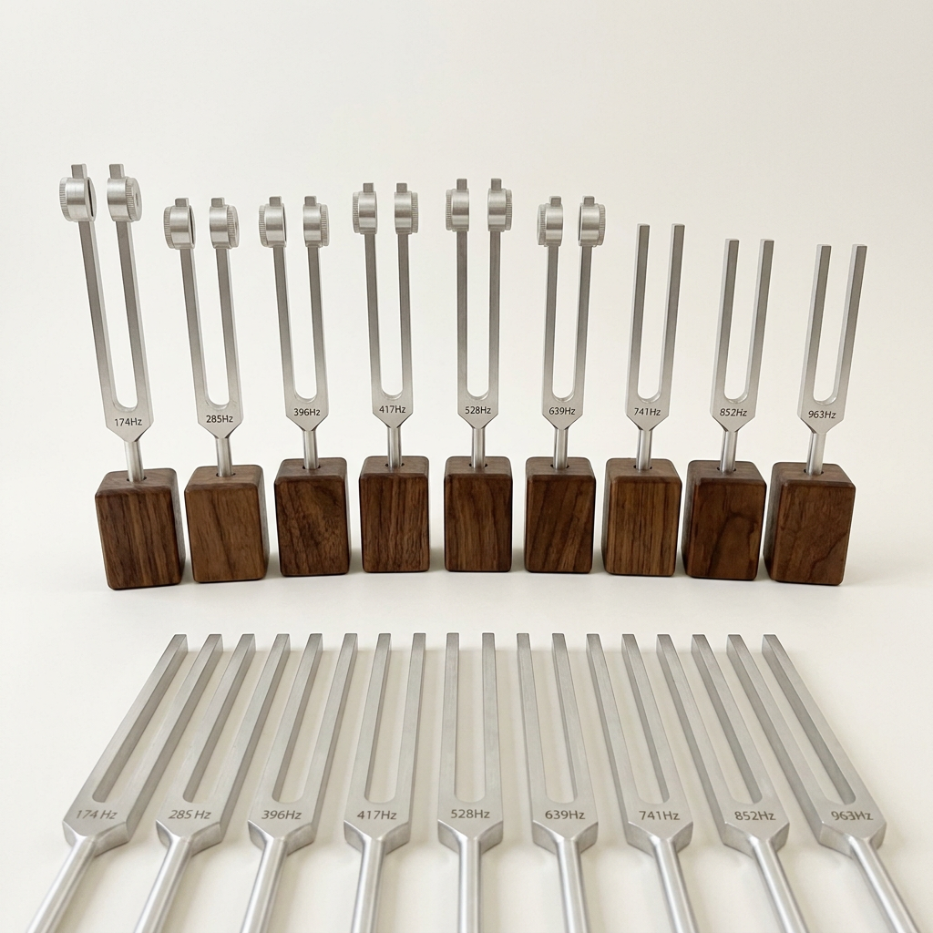 Sound therapy forks labeled 174Hz through 963Hz, testimonials, and RESOUND HEALING | SOUND THERAPY sign
